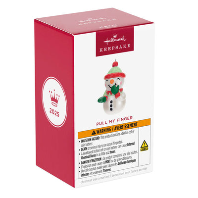 Funny snowman Christmas ornament with pullable arm and silly sound effects, battery operated holiday decoration

