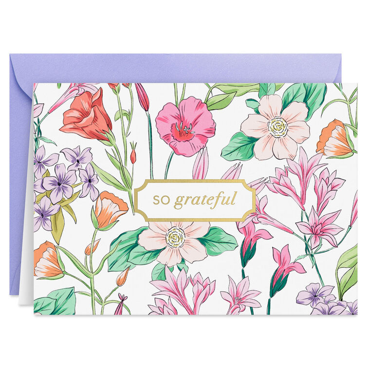 Floral thank-you cards with colorful wildflowers and greenery around a gold-framed “so grateful” message.

