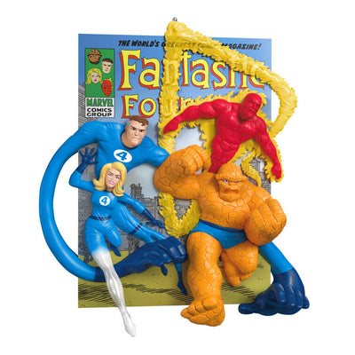 Fantastic Four ornament, Mister Fantastic, Invisible Woman, Human Torch, The Thing, comic cover art, Hallmark Keepsake Christmas decoration.