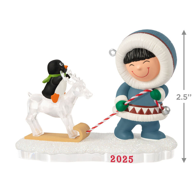 Frosty pulling sled with penguin riding reindeer ice sculpture, 2025 Hallmark Keepsake Frosty Friends Christmas ornament