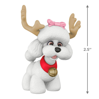 White poodle Christmas ornament wearing reindeer antlers and jingle bell collar, festive holiday decoration

