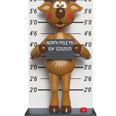 Funny reindeer Christmas ornament in a mug shot pose, plays “Grandma Got Run Over by a Reindeer,” battery operated

