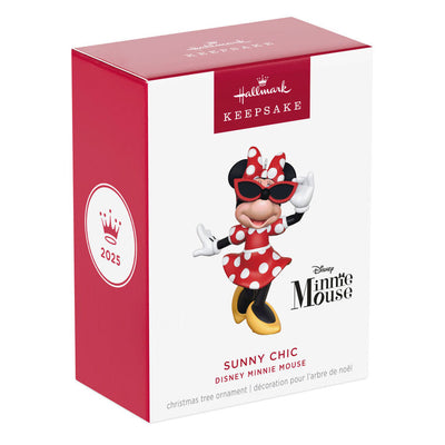 Hallmark Keepsake Disney Minnie Mouse Sunny Chic ornament featuring Minnie in a red polka dot dress, bow, and sunglasses, 2025 holiday collection.