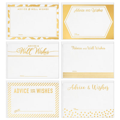 Gold foil flat note cards with white backgrounds and abstract borders, labeled “Advice and Wishes,” boxed with envelopes.
