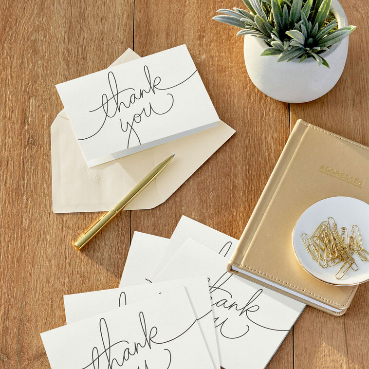 Ivory thank you cards with modern black script lettering and kraft box packaging, includes 40 blank cards and matching envelopes