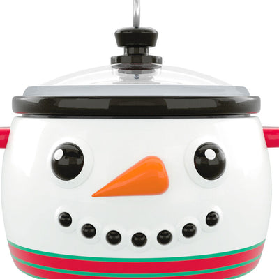 Mini slow cooker Christmas ornament with snowman face, red and green accents, Hallmark Keepsake holiday collectible