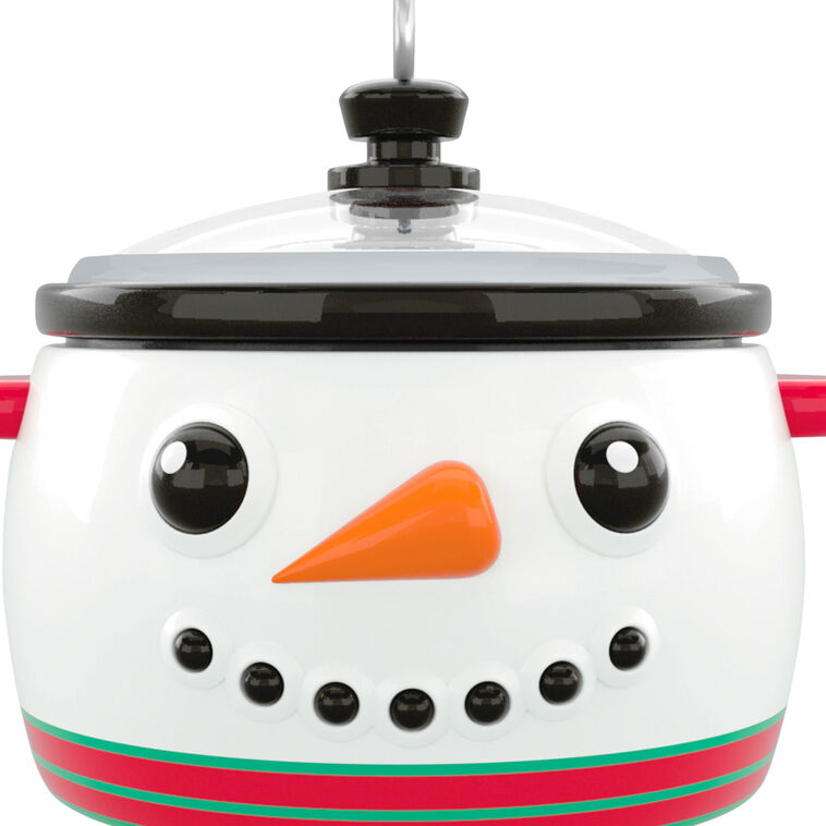 Mini slow cooker Christmas ornament with snowman face, red and green accents, Hallmark Keepsake holiday collectible