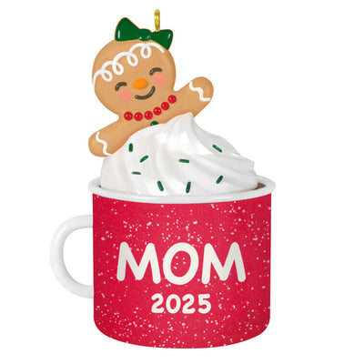 2025 Christmas ornament of gingerbread mom cookie in red mug with whipped cream, festive holiday design

