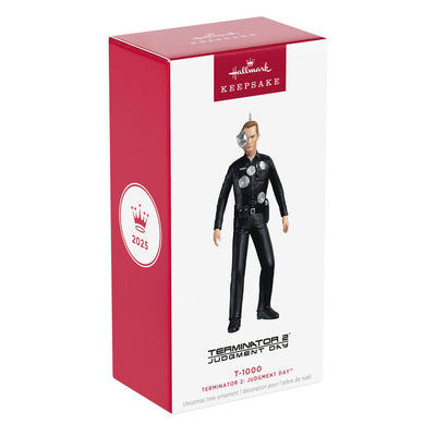T-1000 Terminator ornament in black police uniform with liquid-metal sculpting from Judgment Day.