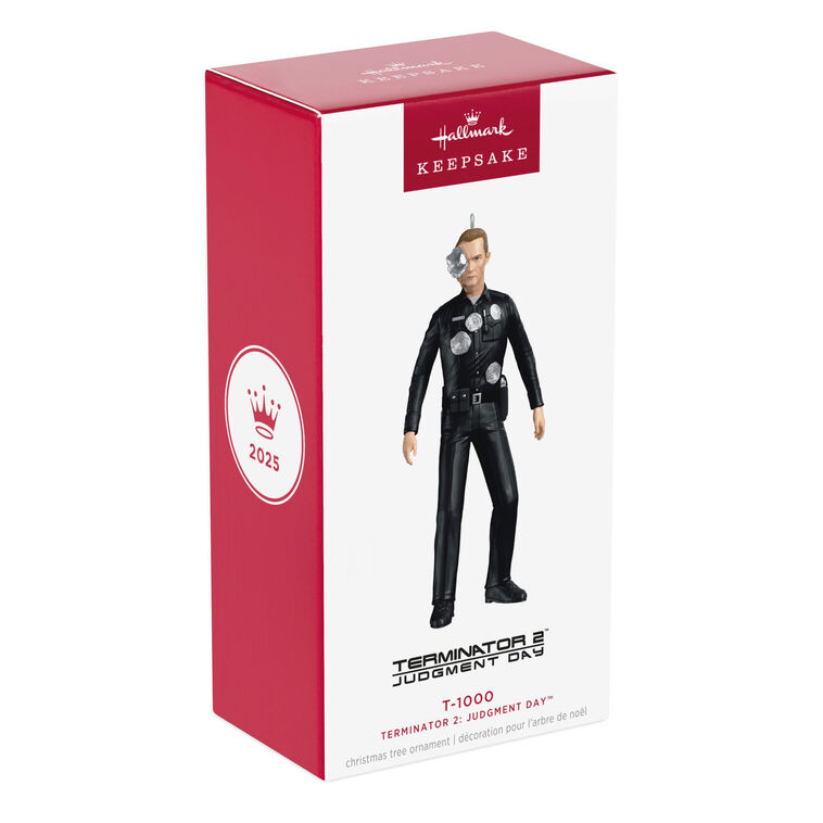 T-1000 Terminator ornament in black police uniform with liquid-metal sculpting from Judgment Day.