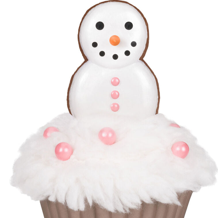 Hallmark Keepsake Christmas Cupcakes Merry Macarons ornament—cupcake with white meringue icing, pink pearl candies, snowman made of macarons