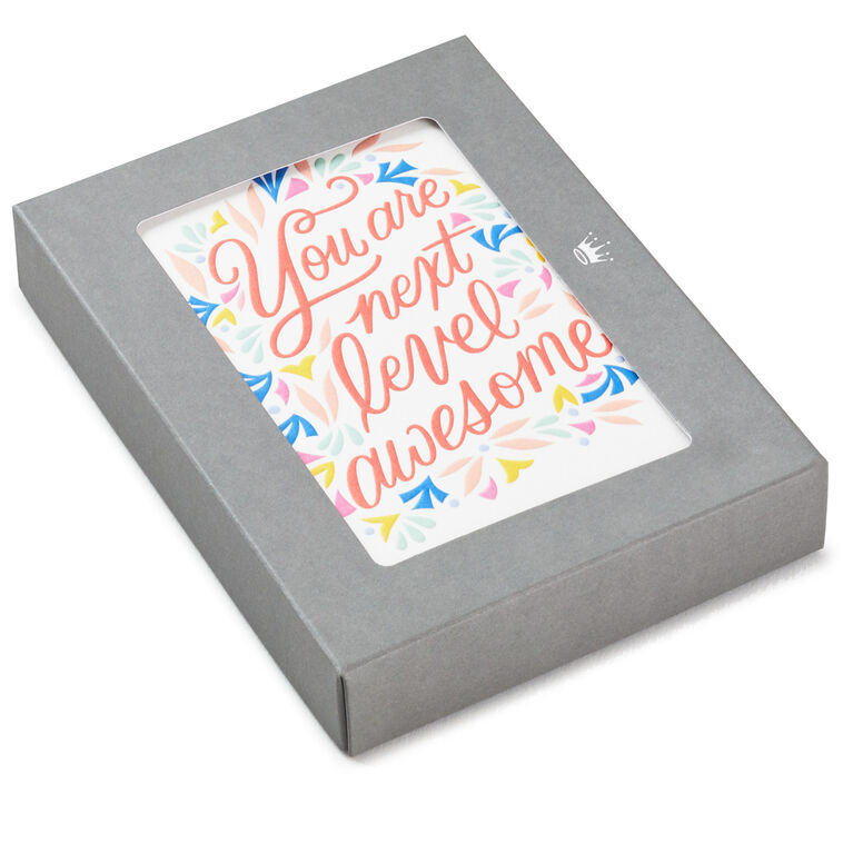 Blank note cards with colorful floral wreath and script message, includes envelopes.