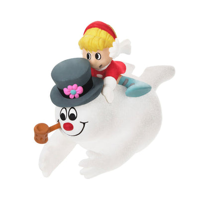 Frosty the Snowman ornament by Hallmark Keepsake featuring Frosty sliding down a snowy hill with Karen on his back from the classic holiday special.