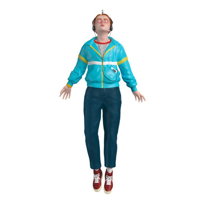 Max Mayfield ornament in blue and yellow windbreaker, levitating with headphones, inspired by Stranger Things TV series.