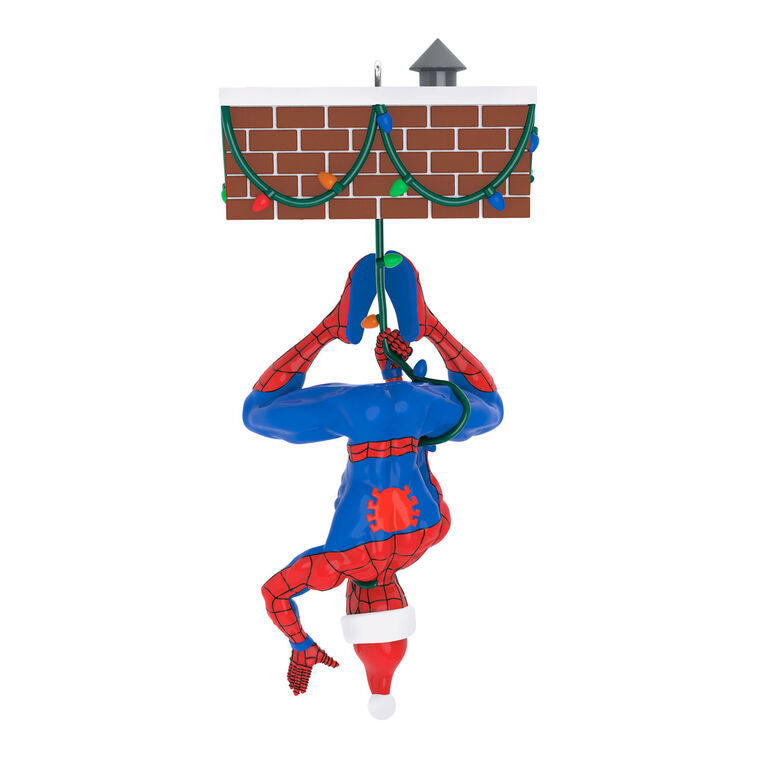 Spider-Man Peekbuster ornament, Marvel hero hanging upside down, motion-activated sound, Hallmark Keepsake, Christmas tree decoration.