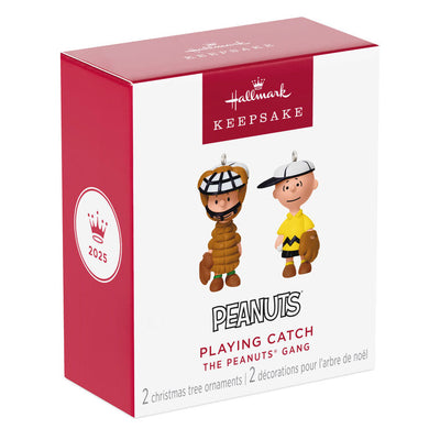 Set of two mini ornaments: Charlie Brown in baseball hat and glove, Schroeder in catcher’s gear, Hallmark Peanuts Christmas collectibles
