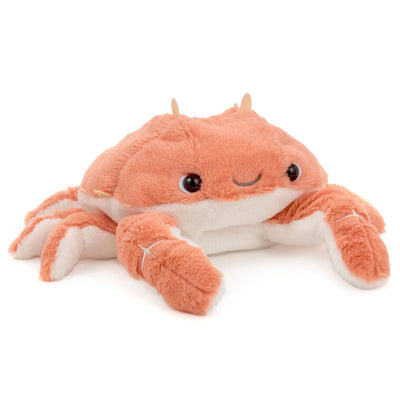 Orange and white plush crab stuffed animal made of soft fabric with floppy claws, perfect for cuddling or nautical nursery