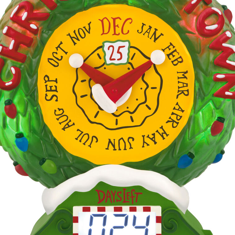 Christmas Town countdown clock ornament with lights, motion, and music from The Nightmare Before Christmas.

