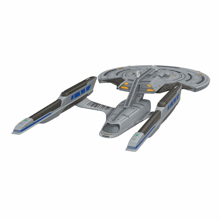 U.S.S. Titan-A starship ornament from Star Trek Picard, Constitution III-class, silver with blue accents, Hallmark collectible
