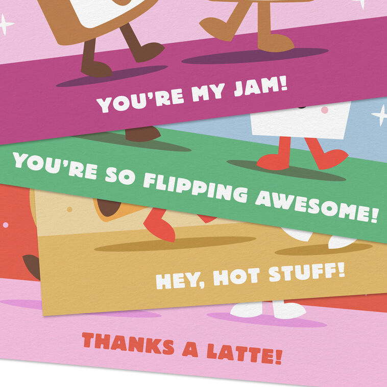Colorful food pun note cards featuring duos like taco and hot sauce, peanut butter and jelly, and donut and coffee.
