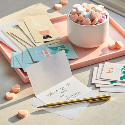 Mini blank note cards with pastel potted plant illustrations on colorful backgrounds, 12-pack with foil accents and matte finish.
