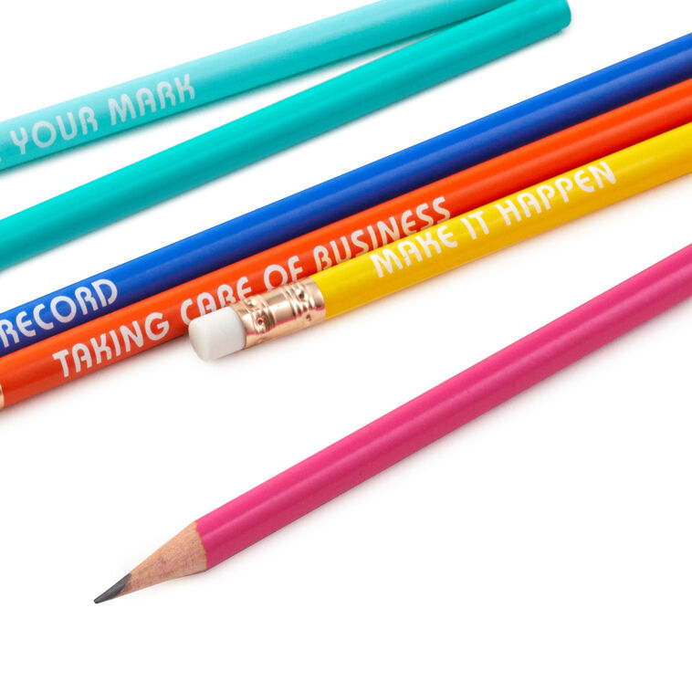 Colorful wooden pencils with motivational messages and white erasers, assorted in blue, pink, aqua, yellow, and orange.
