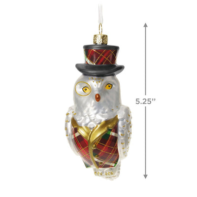 Hallmark Keepsake Dapper Owl glass ornament, owl in plaid vest, top hat, and monocle, with gold glitter accents.