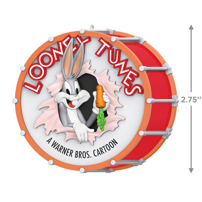 Bugs Bunny Looney Tunes ornament bursting through red drum with carrot in hand, 85th anniversary design