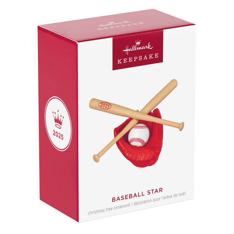 Red baseball glove ornament with 2025 baseball and crossed bats, celebrating the season’s MVP or favorite coach.