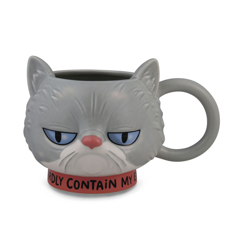"Gray sculpted ceramic cat mug with a frowning face, pink collar, and pointy ears, featuring embossed fur and whisker accents."

