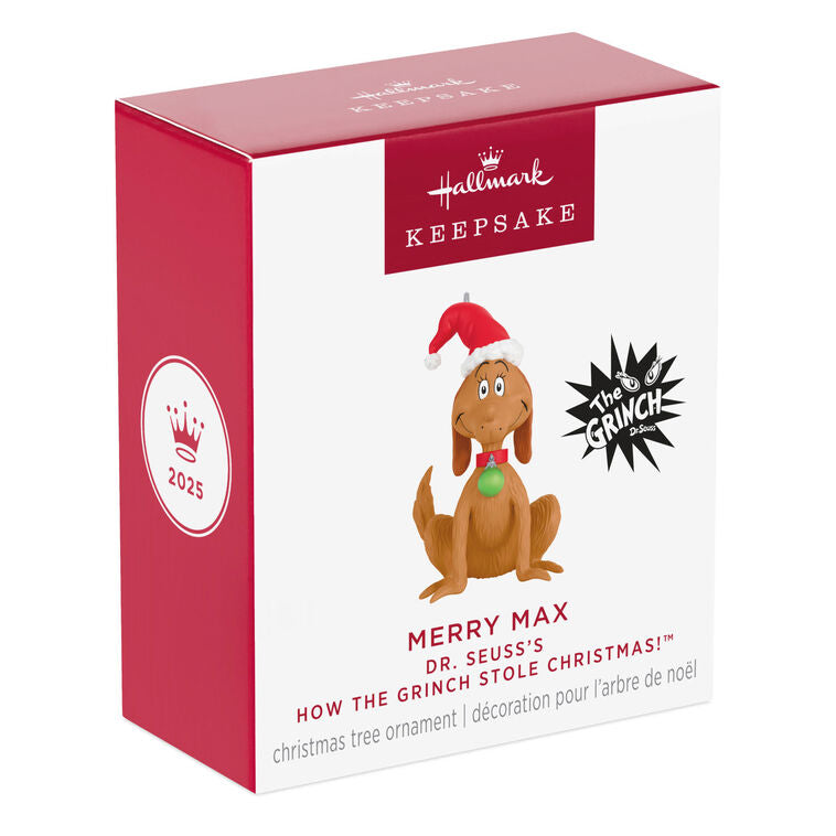 Mini Max dog ornament with Santa hat and green collar tag, Grinch’s loyal companion, Hallmark Dr. Seuss Christmas collectible
