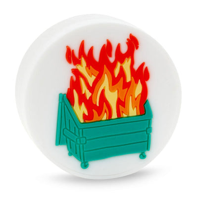 Hallmark Charmers silicone drink charm featuring a flaming dumpster design in red, yellow, and green.