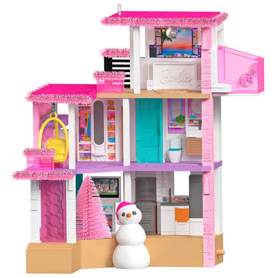 Barbie Dreamhouse ornament, three-story pink house with rooftop studio, Christmas lights, and snowman, Hallmark Keepsake musical decoration.