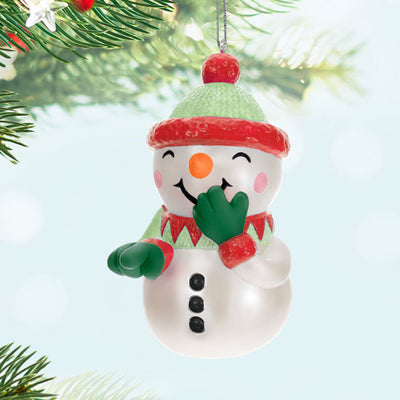 Funny snowman Christmas ornament with pullable arm and silly sound effects, battery operated holiday decoration

