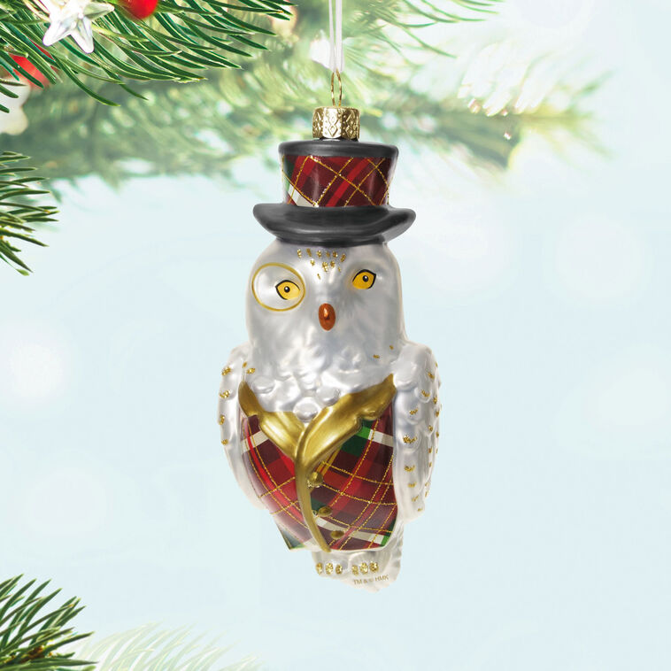 Hallmark Keepsake Dapper Owl glass ornament, owl in plaid vest, top hat, and monocle, with gold glitter accents.