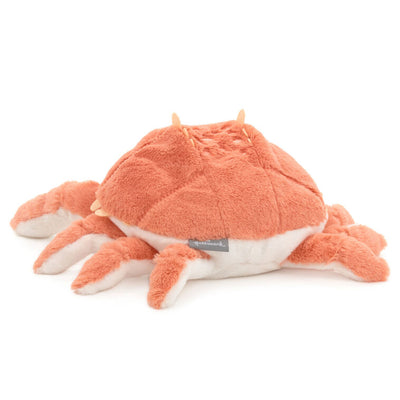 Orange and white plush crab stuffed animal made of soft fabric with floppy claws, perfect for cuddling or nautical nursery