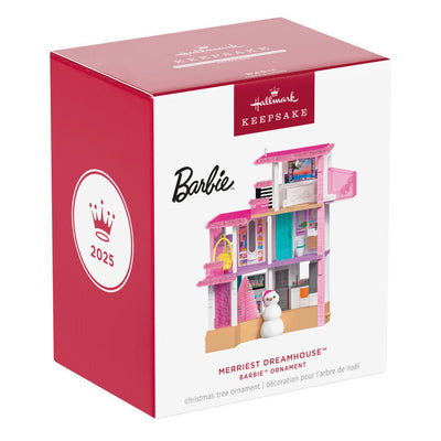 Barbie Dreamhouse ornament, three-story pink house with rooftop studio, Christmas lights, and snowman, Hallmark Keepsake musical decoration.

