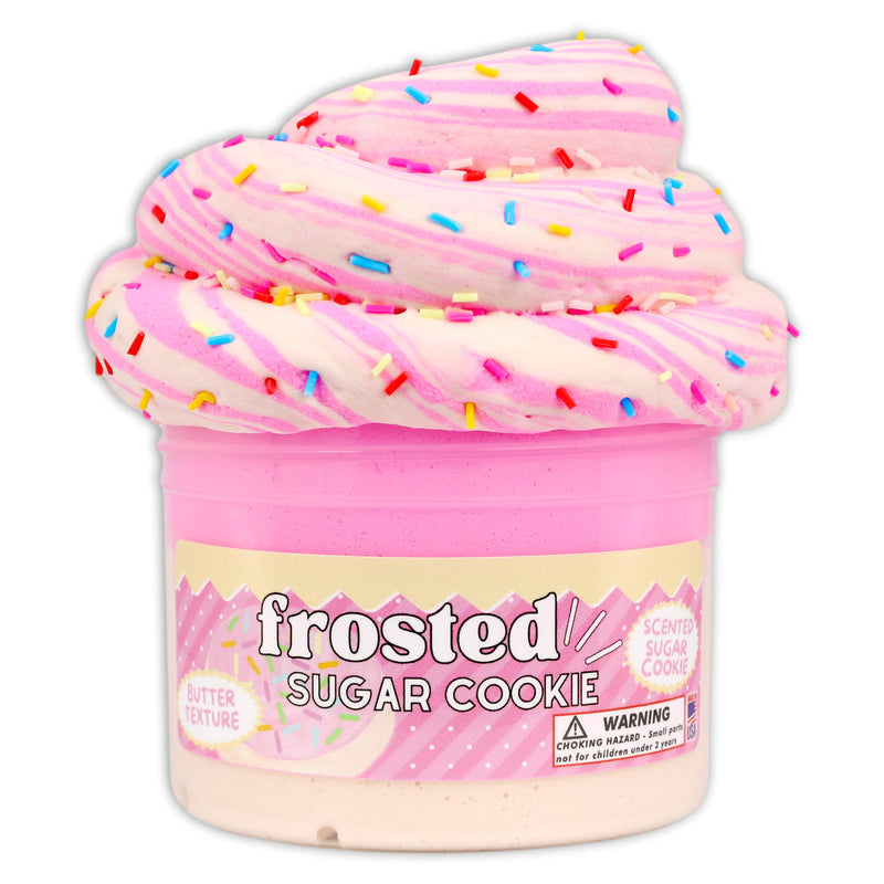 Beige and pink frosted slime with rainbow faux sprinkles, scented like sugar cookies and designed for soft, buttery sensory play.