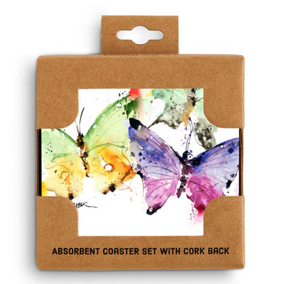 Set of four round cork coasters with colorful butterfly designs