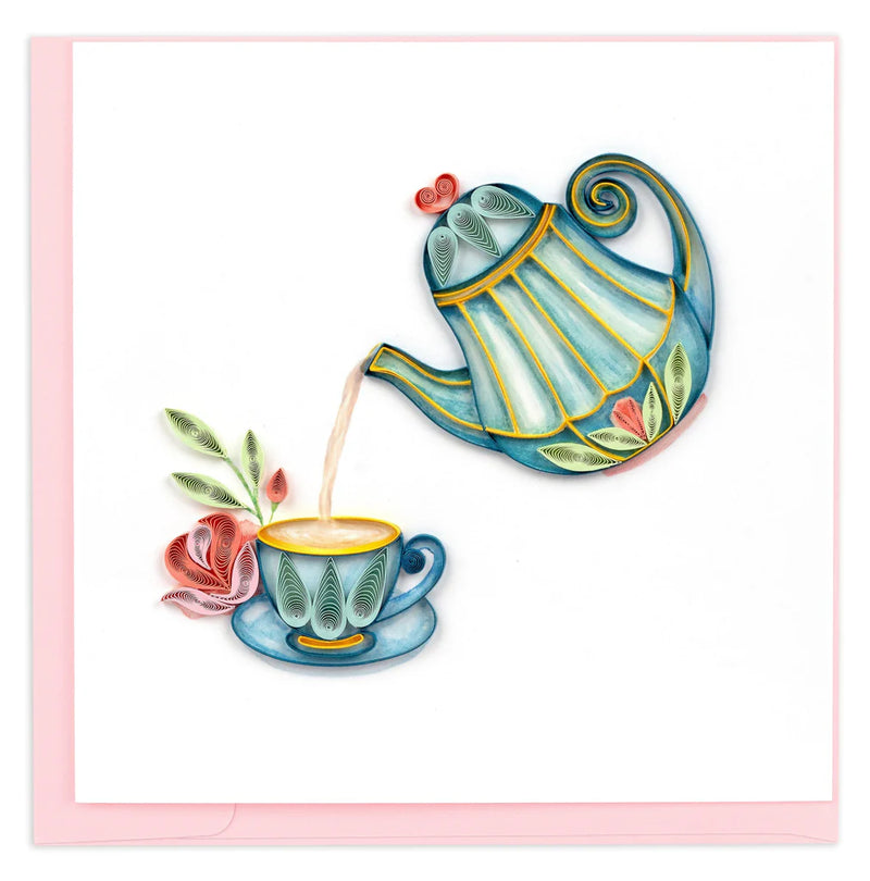 Quilled card with a striped teapot pouring tea into a cup, accented with roses—evoking calm, elegance, and shared moments.