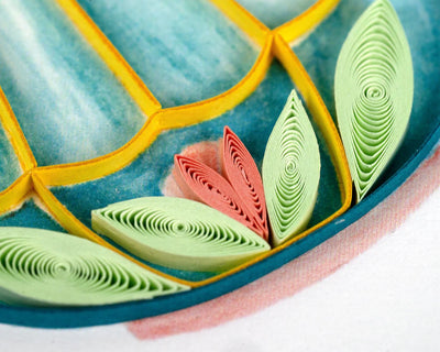 Quilled card with a striped teapot pouring tea into a cup, accented with roses—evoking calm, elegance, and shared moments.
