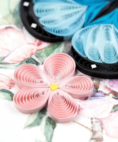 Blue Butterfly & Pink Flowers