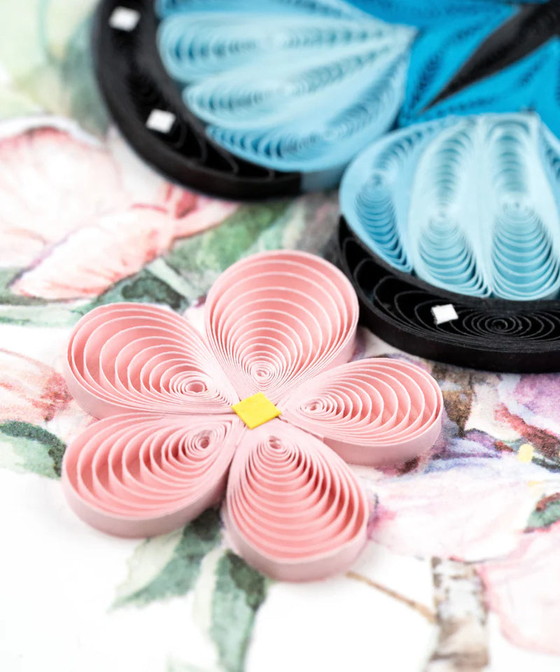 Blue Butterfly & Pink Flowers