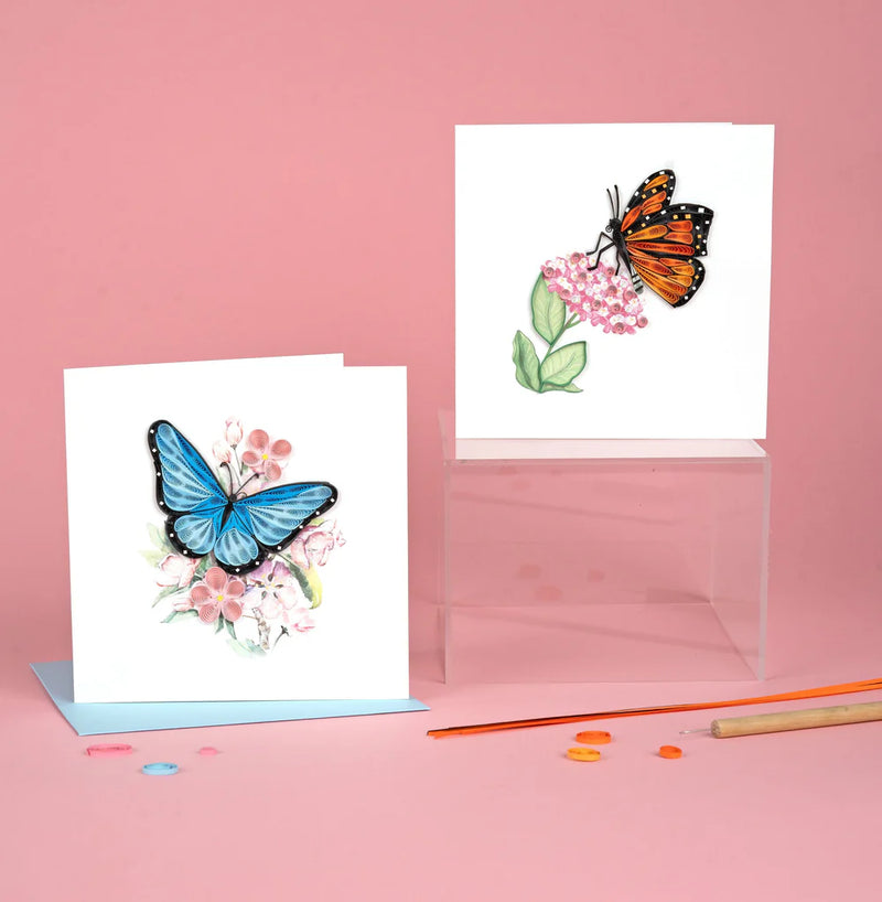 Blue Butterfly & Pink Flowers