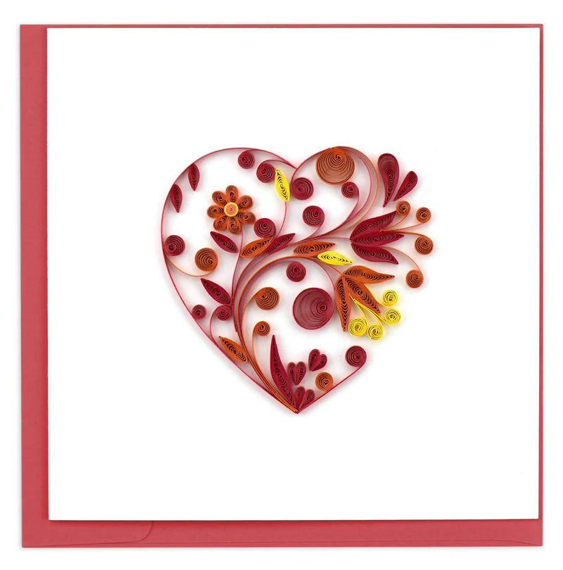 Quilled greeting card featuring a large heart made of red, pink, and gold swirls and floral patterns. Romantic handmade art card.