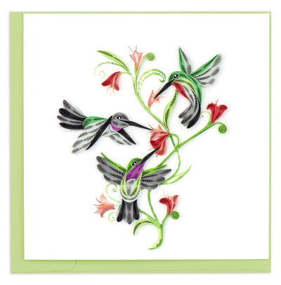 Quilled card with three hummingbirds flying around red flowers and green vines, symbolizing love, energy, and spiritual connection.
