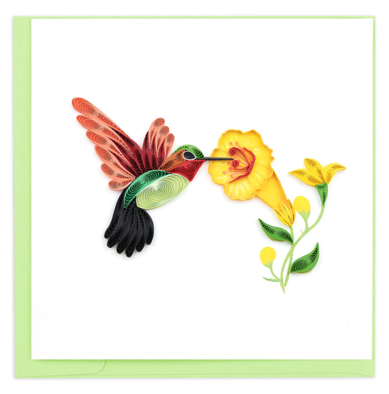 Handcrafted quilled card showing a hummingbird sipping nectar from vibrant yellow flowers, symbolizing beauty, energy, and joy.