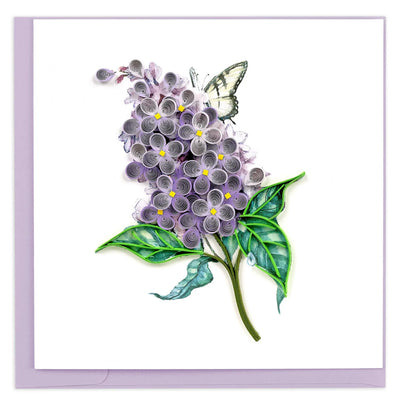Quilled card with lilac flowers and green leaves on a watercolor background with a swallowtail butterfly