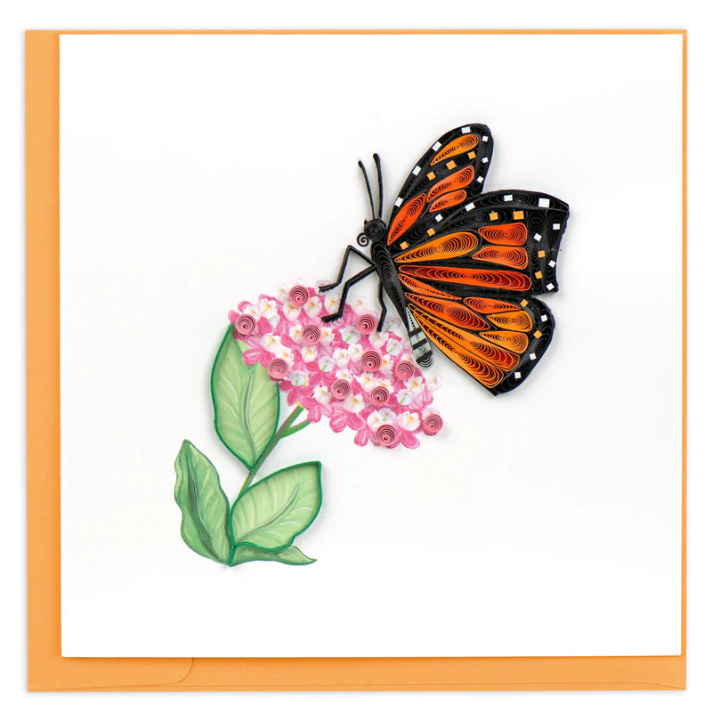 Quilled Monarch butterfly card featuring vibrant orange wings and pink milkweed flowers, perfect for nature lovers and occasions.