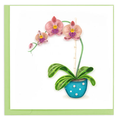 Handcrafted quilled greeting card featuring a pink orchid in full bloom, set in a blue polka dot pot with vibrant green leaves.